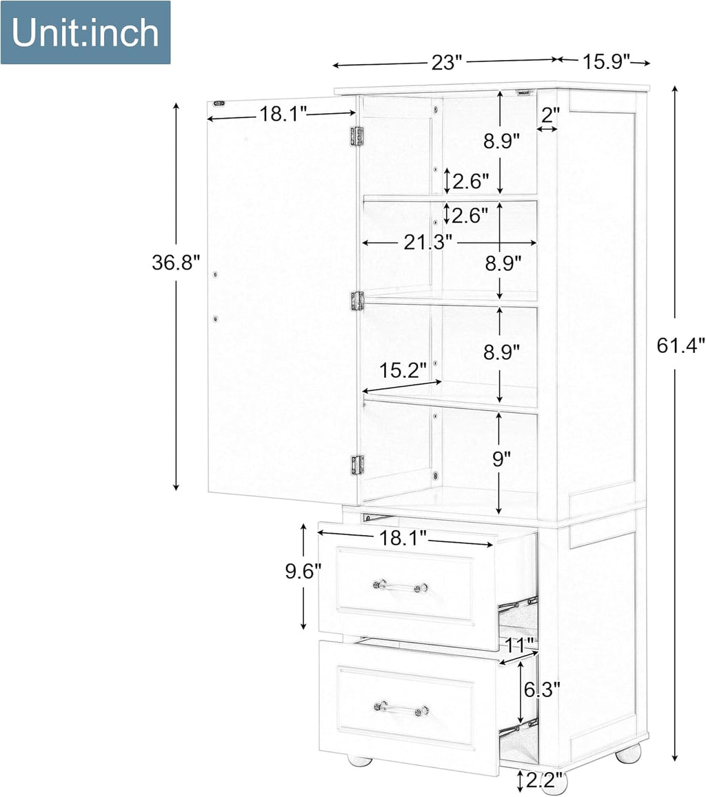 Merax 61.4" Pantry Cabinet with One Door & Two Drawers, Adjustable Shelves Storage Cupboard for Kitchen/Dining Room/Bathroom, Soild Wood Legs, Black