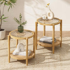 RUSTOWN Rattan Nightstands Set of 2,Boho Wood Round Side Tables, 2-Tier Natural End Table with Glass Top and Wood Legs, Sofa Side Table Bedside Table for Living Room Bedroom Couch(Natural)