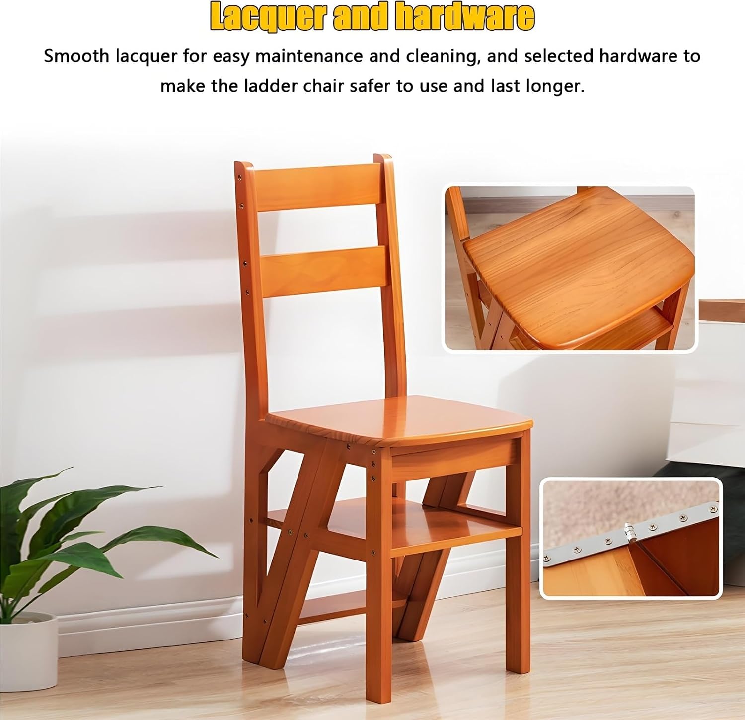 Aimery Library Ladder Chair, 2 in 1 Portable 4-Step Ladders, Wood Foldable Stool for Home, Library, Office(Dark Walnut,A)