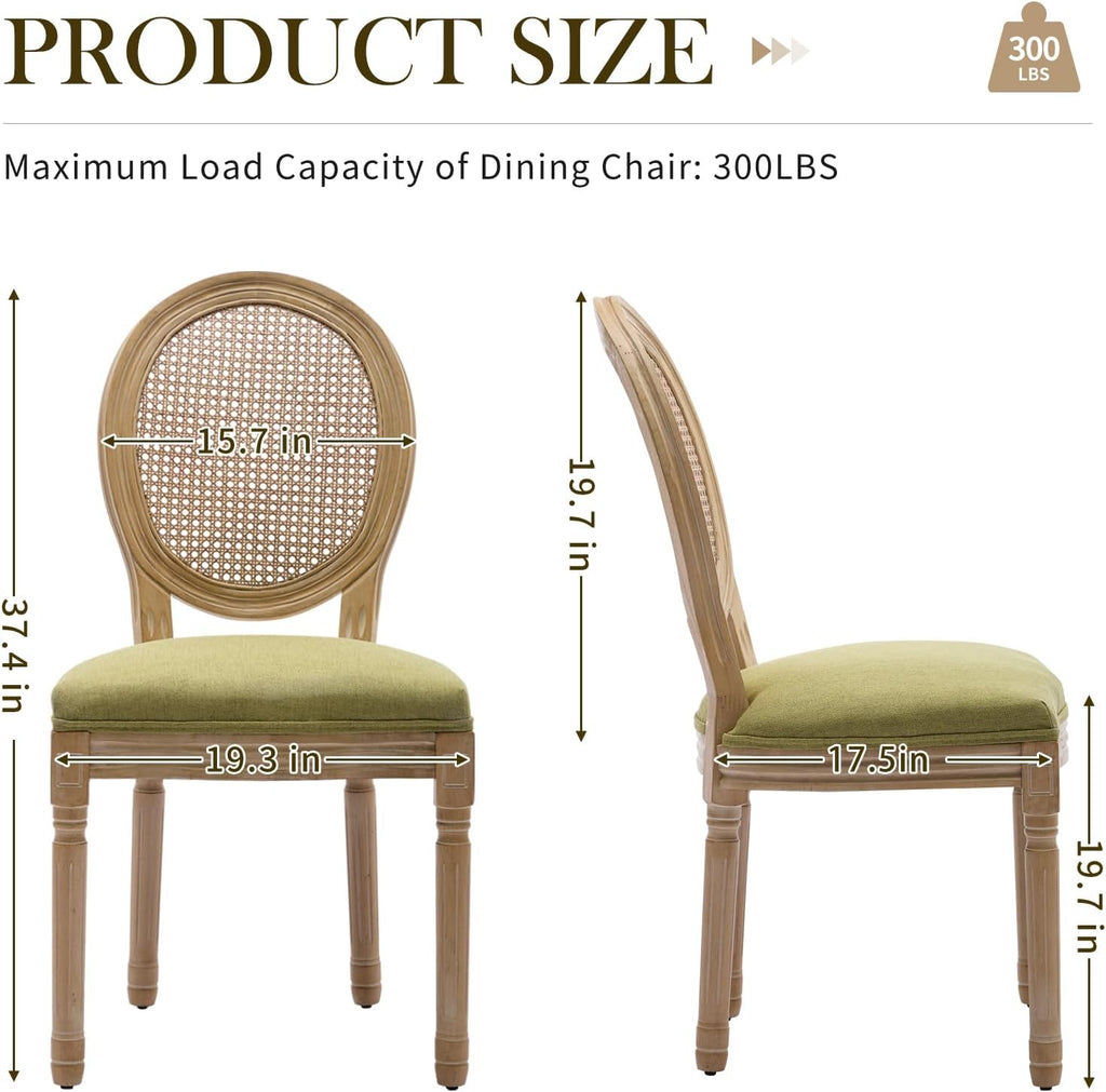 French Country Dining Chairs Set of 4，Fabric Upholstered Dining Chair with Round Back and Solid Leg, Rattan Kitchen Chairs for Dining Room, Living Room, Kitchen, Olive Green