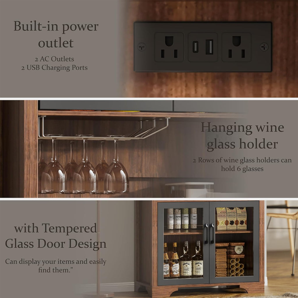 75" Tall Arched Pantry Cabinet with Charging Station & LED Light, Kitchen Pantry Cabinet with Microwave Stand, Drawers and Adjustable Shelf, Coffee Bar Liquor Cabinet for Dining Room