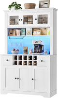 68.7 " Pantry Cabinet with LED Light and Charging Station, Kitchen Pantry Storage Cabinet with Countertop, Large Kitchen Hutch with Wine Rack & Adjustable Shelves for Dining Room, Living Room