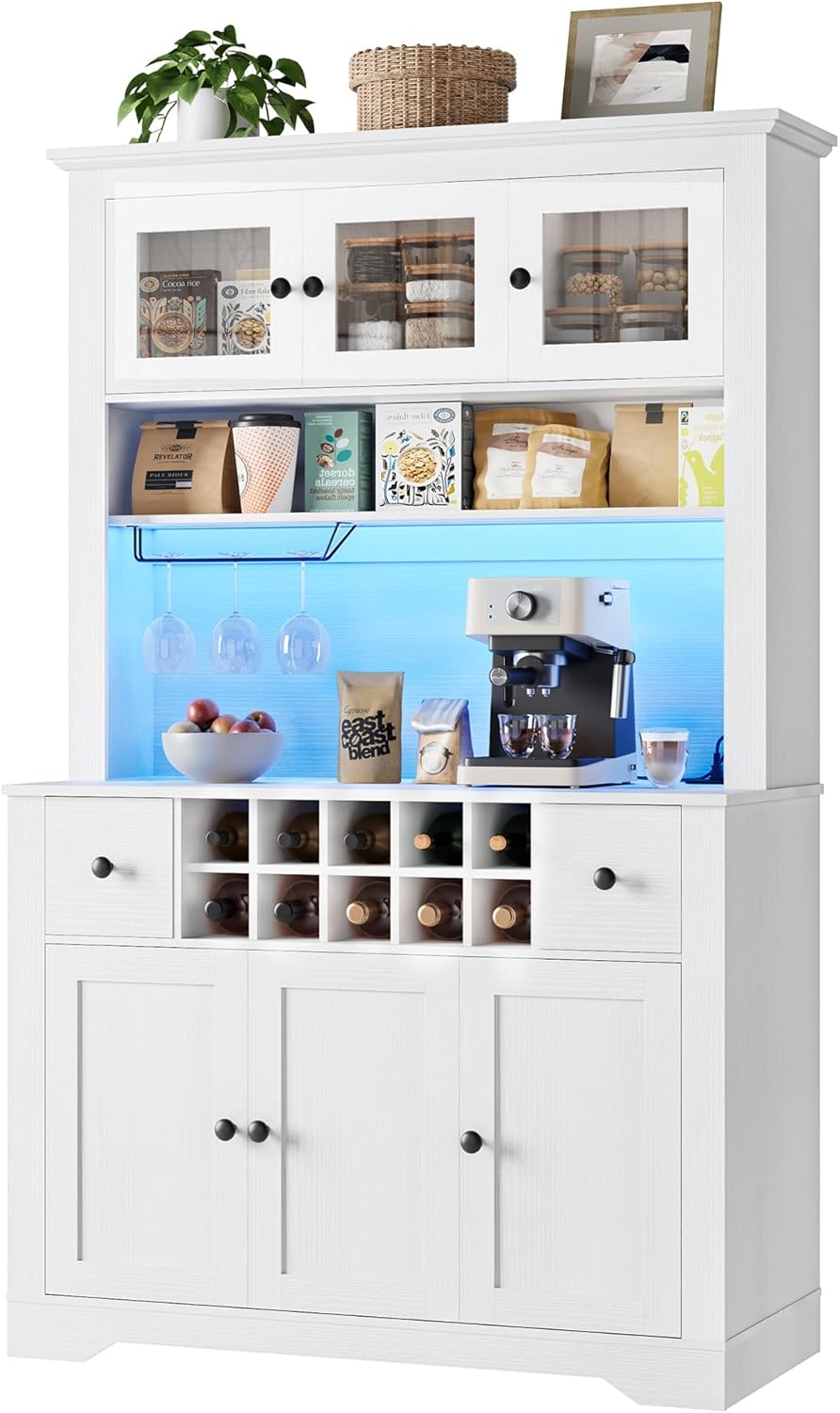 68.7 " Pantry Cabinet with LED Light and Charging Station, Kitchen Pantry Storage Cabinet with Countertop, Large Kitchen Hutch with Wine Rack & Adjustable Shelves for Dining Room, Living Room