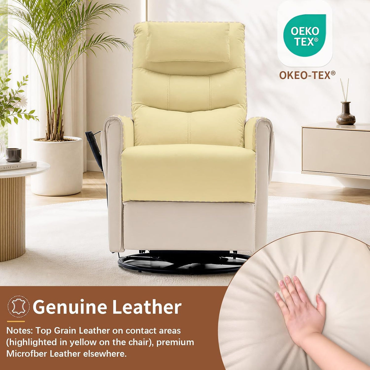 AIRSKY Genuine Leather Power Swivel Rocking Recliner Chair for Adults | Recliners for Small Spaces, Top Grain Leather, Power Glider Rocking Chair with Movable Headrest for Living Room, Beige