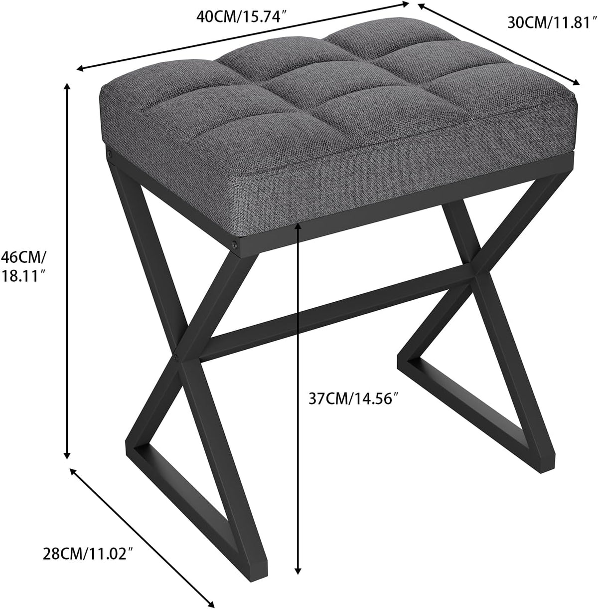 YMYNY Vanity Stool, Linen Footrest, Ottoman Bench with X-Shaped Metal Legs, Makeup Dressing Stool for Vanity, Living Room, Bedroom, Entryway, Hallways 15.74" D×11.81" W×18.11" H Grey UHBD033G