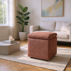 Brown Linen-Textured Ottoman with Storage, 42×42×44 cm Square Foot Rest Stool, Upholstered Cube Seat with Hidden Compartment for Living Room Bedroom Entryway, Black Rubber Feet