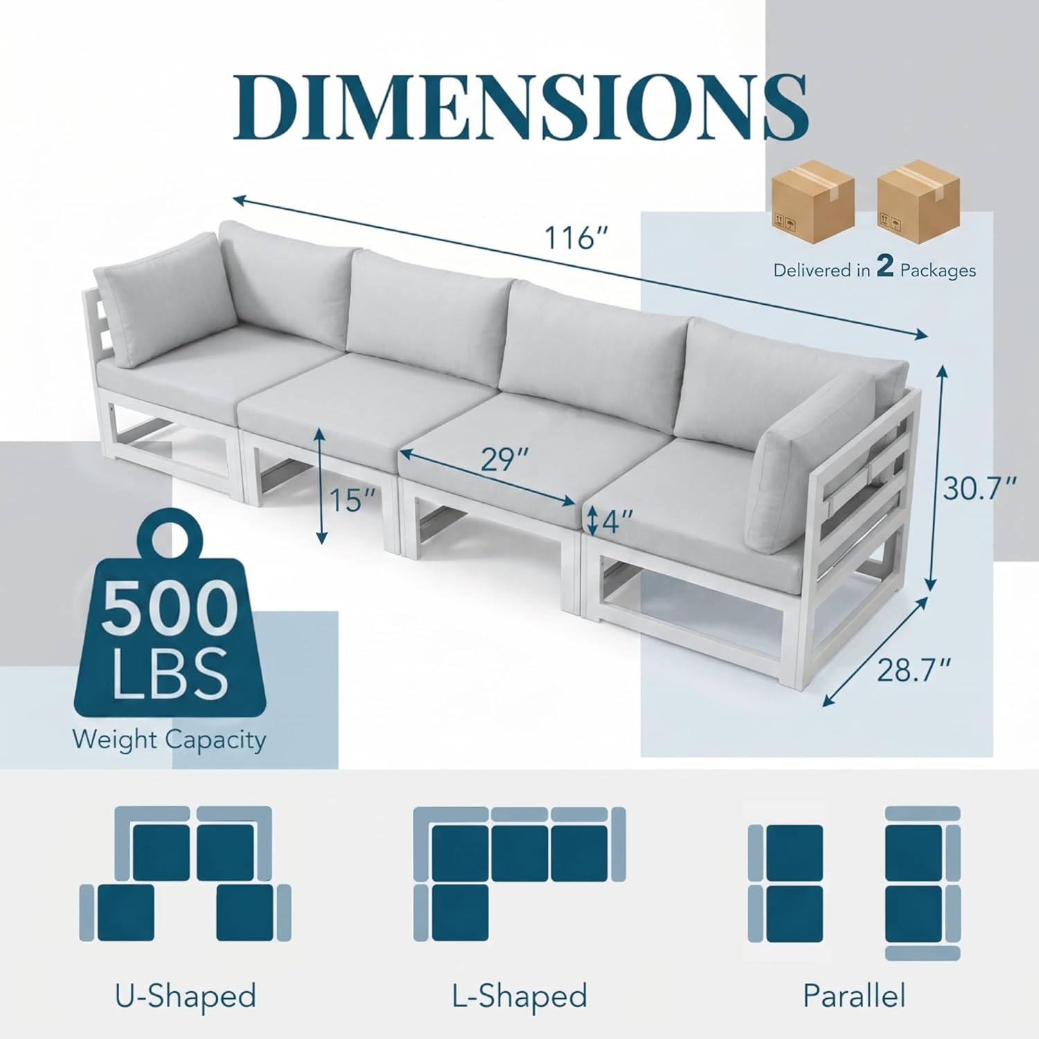 NICESOUL 4 Piece Patio Aluminum Furniture Set, 29" Oversized Wide Deep Seats Outdoor Sectional Sofa, 500 lbs Heavy Duty Modular Conversation Set for Balcony, Porch, Backyard and Poolside, Light Grey