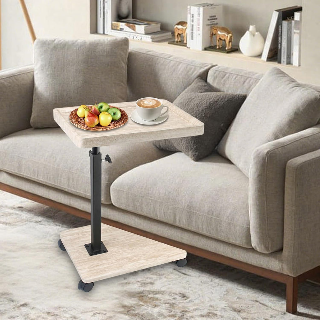 Simcat Adjustable Height C Shaped End Table, 360° Swivel Side Table TV Tray for Small Place, Couch Tables with Wheels Sofa, Bed, Chair (White Grain)