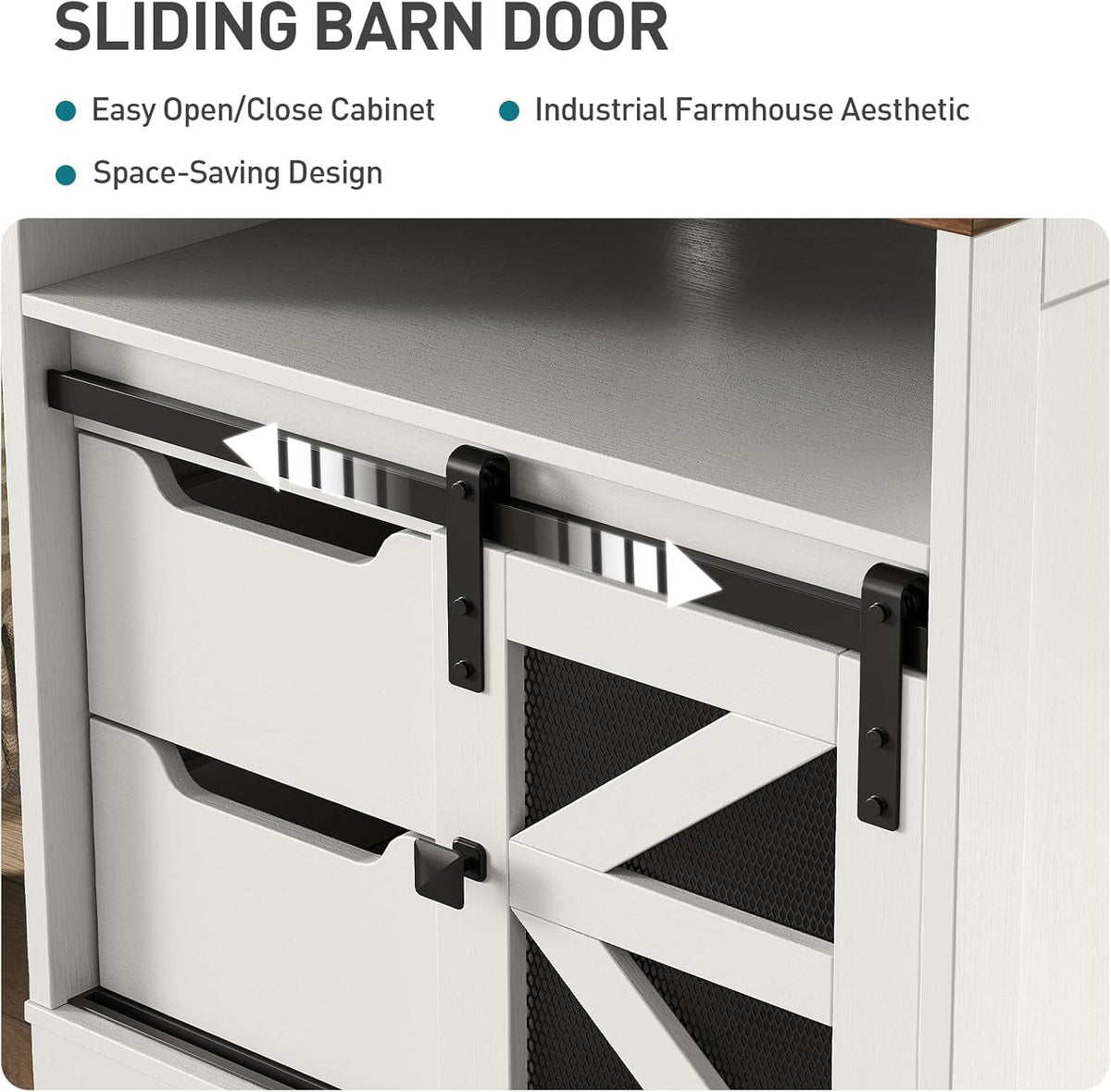 RALGEND Farmhouse End Table with Charging Station, Sofa Side Table with 2 Drawers and Barn Door, Rustic Wooden Nightstand Bedside Table for Bedroom, Living Room,White and Walnut