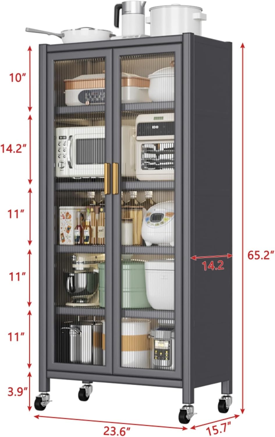 Metal Kitchen Pantry Storage Cabinet on Locking Casters, Double Ribbed Glass Doors, Multi Shelf Organizer for Microwave Appliances, Countertopware, Dining Room, Laundry, Garage (Grey)