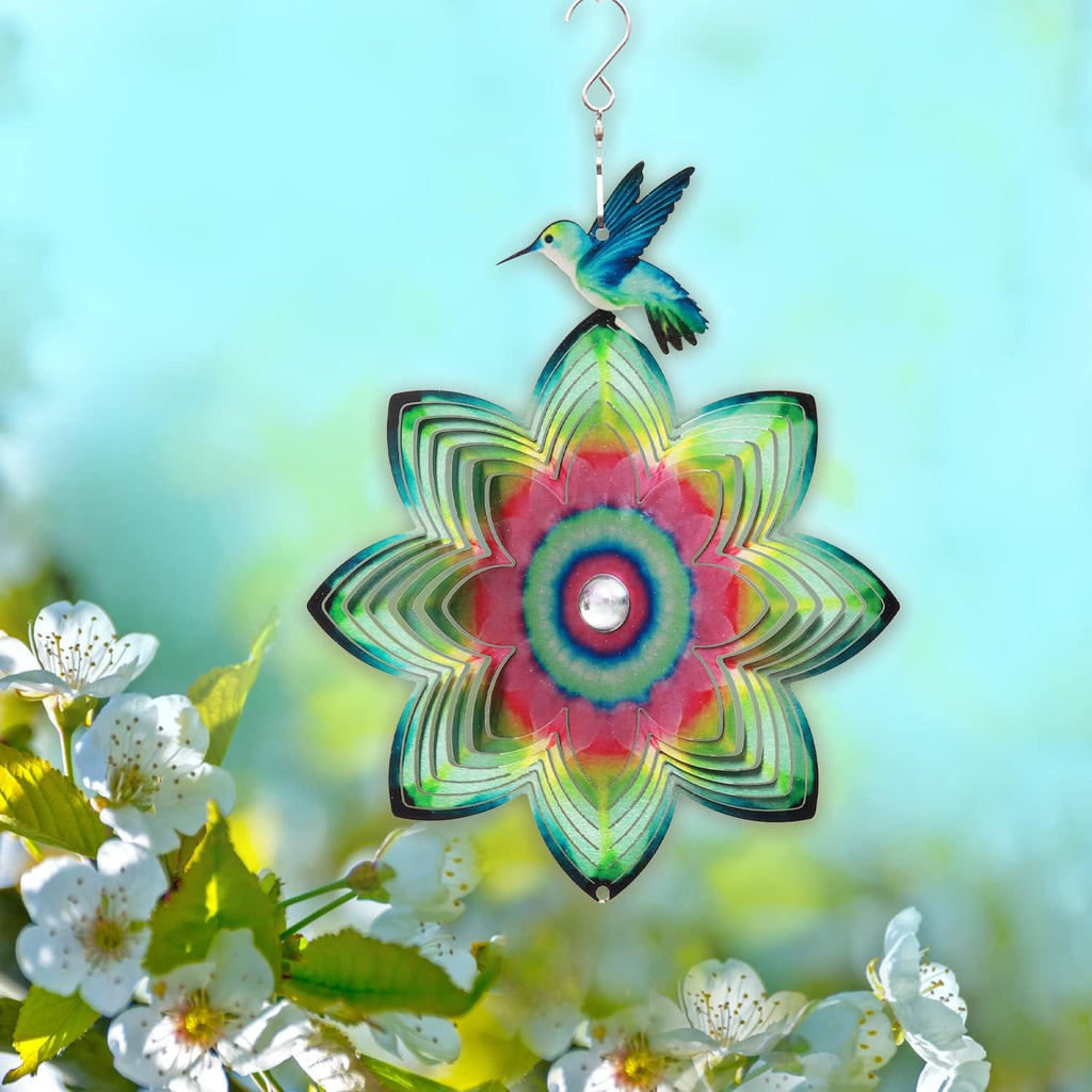 SPRING SONG Hummingbird on Mandala Flower Wind Spinner for Yard and Garden Stainless Steel Spinner Indoor and Outdoor Hanging Decor Crafts Ornament Gifts Kinetic Art Yard Garden Hanging Wind Spinner