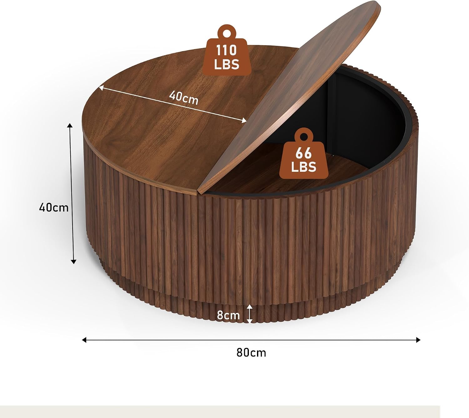 31.5" Round Coffee Table with Storage, Mid Century Modern Coffee Tables with Fluted Base, Wooden Circle Accent Center Table for Living Room Small Space Apartment Office (Walnut)