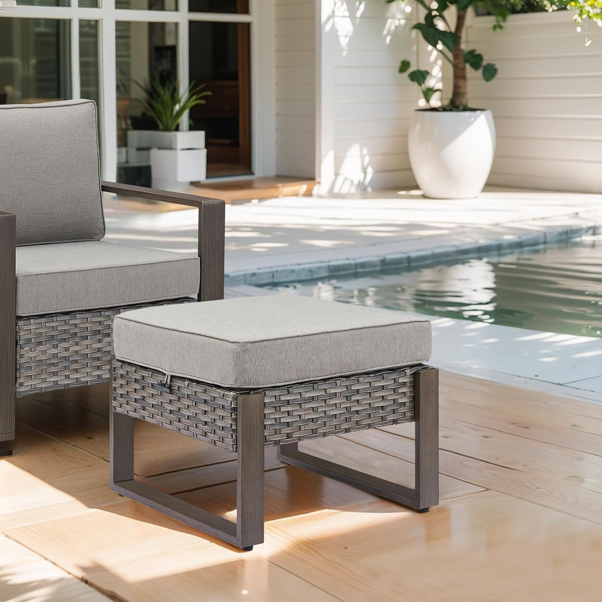 HUMMUH Patio Ottomans Outdoor Foot Rest-All Weather Rattan Outdoor Footstool with Removable Cover Cushions for Deck Porch Garden Balcony Poolside-Grey/Grey
