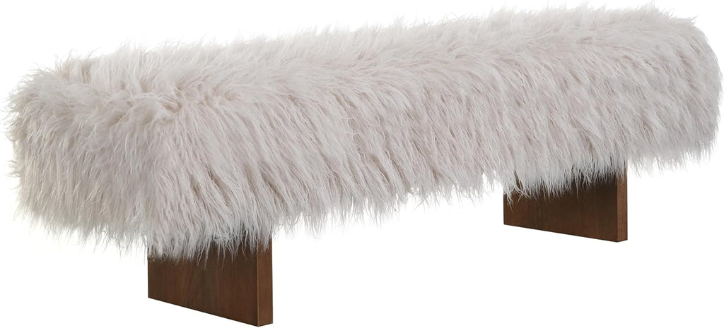 Christopher Knight Home Lenka 67" Long-haired Faux Wool Bedroom Bench, Rubberwood Ottoman Bench, Spacious Seating, Long Footstool for Living Room, Luxury Entryway Bench, Brown+Beige