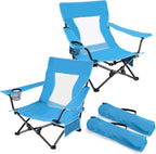 Joyfair Beach Camping Chair (2 Pack), Folding Chair for Adults (Blue) | Heavy Duty Outdoor Portable Chair with Armrest for Outside Lawn, Sport, Fishing, Cup Holder & Storage Pocket, Carry Bag