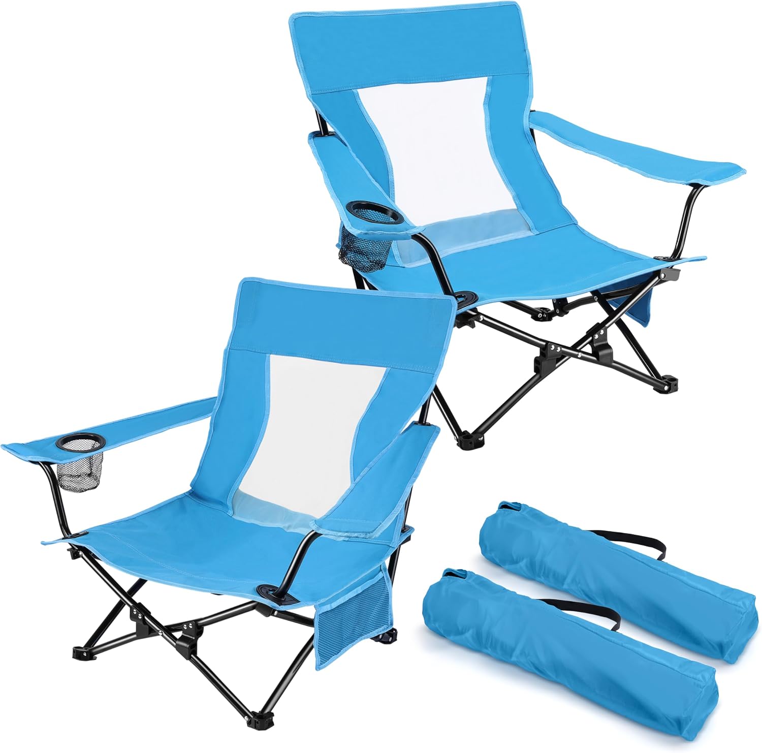Joyfair Beach Camping Chair (2 Pack), Folding Chair for Adults (Blue) | Heavy Duty Outdoor Portable Chair with Armrest for Outside Lawn, Sport, Fishing, Cup Holder & Storage Pocket, Carry Bag
