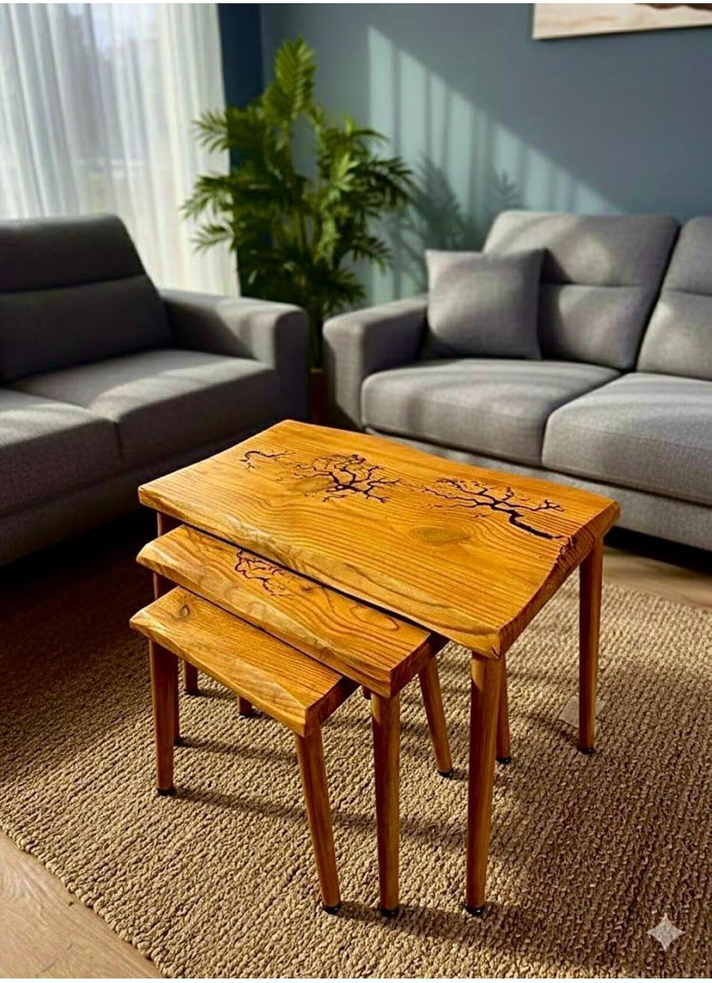 SODEF Handmade Oak Series Nesting Side Table Set - 3 Piece Retro Style Wood Tables - Unique Design, Rectangular Top - Living Room, Accent Furniture - Brown