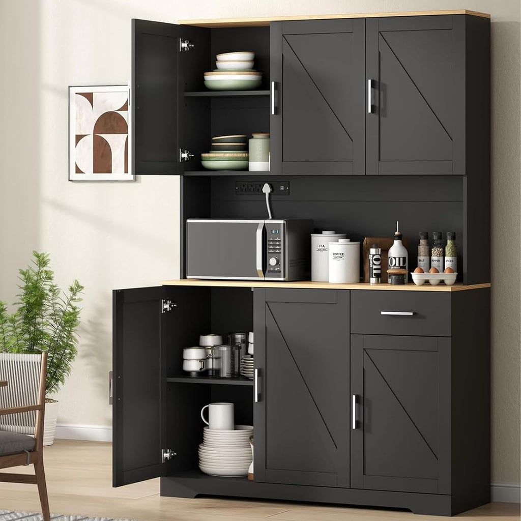 71" Pantry Cabinet,Kitchen Pantry Storage Cabine with Power Outlet,Farmhouse Kitchen Hutch Pantry Cabinet, Tall Hutch with Adjustable Shelf & Door,Food Pantry Storage for Dining Room,Kitchen (Black)
