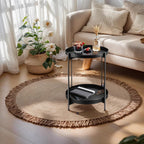 Foldable 2-Tier Round Side Table, Metal End Table with Storage for Indoor Outdoor Use, Small Coffee Table for Living Room, Bedroom, Patio, Black