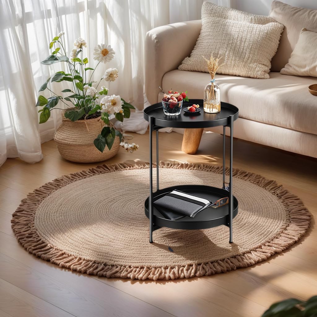 Foldable 2-Tier Round Side Table, Metal End Table with Storage for Indoor Outdoor Use, Small Coffee Table for Living Room, Bedroom, Patio, Black