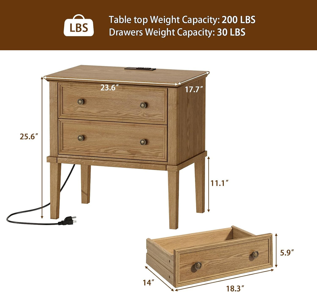IKENO Solid Wood Nightstand with Charging Station, Wooden End Table with 2 Solid Wood Drawers, Farmhouse Style Side Table, Suitable for Bedroom, Teak