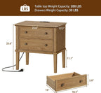 IKENO Solid Wood Nightstand with Charging Station, Wooden End Table with 2 Solid Wood Drawers, Farmhouse Style Side Table, Suitable for Bedroom, Teak