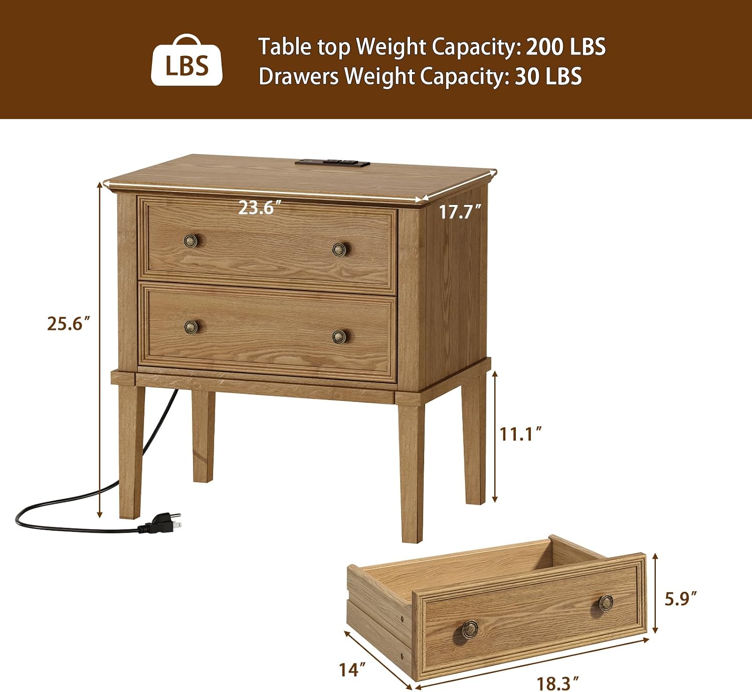 IKENO Solid Wood Nightstand with Charging Station, Wooden End Table with 2 Solid Wood Drawers, Farmhouse Style Side Table, Suitable for Bedroom, Teak