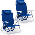 Old Bahama Bay 2 Pack 7-Position Lay-Flat Beach Chair, Lightweight Aluminum Frame Reclining Backpack Chair with Padded Headrest, Cup Holder & Storage Bag, Heavy Duty Support for Tanning & Camping Blue