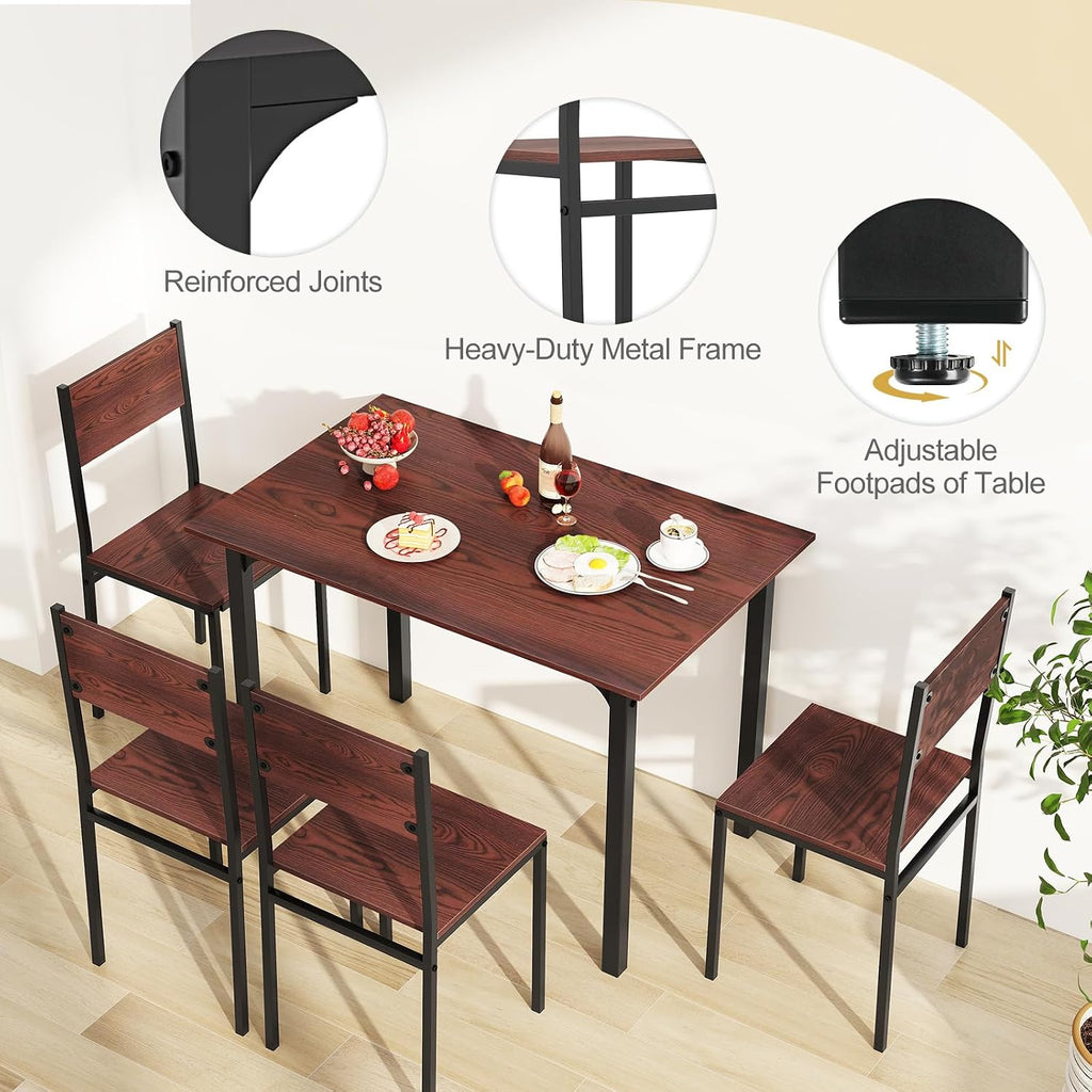 Giantex Dining Table Set for 4, 5-Piece Modern Kitchen Table and Chairs with Metal Frame & Adjustable Foot Pads, Space Saving Wood Dinette Set for Small Space, Breakfast Nook, Apartment (Walnut)