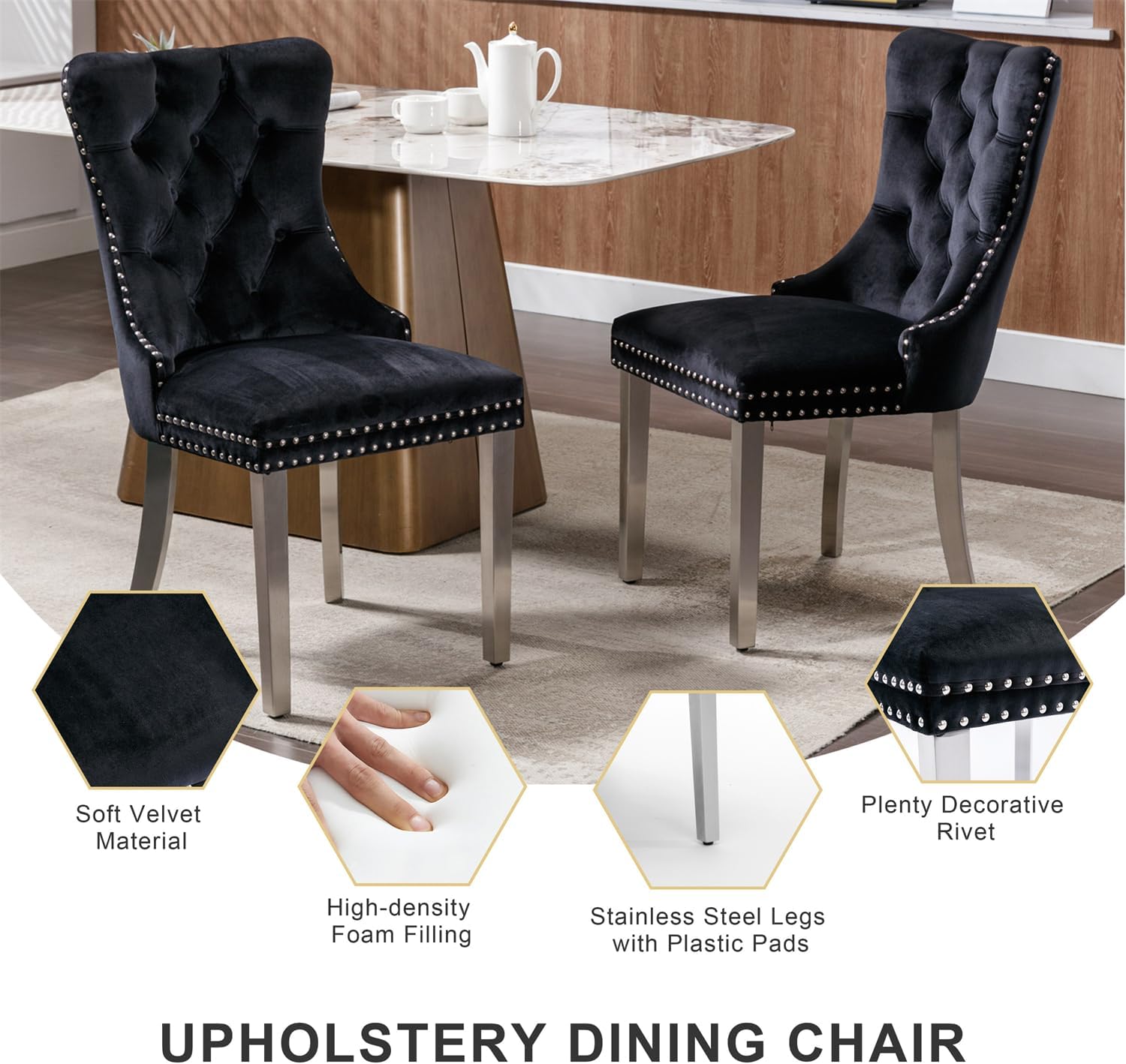 yeag 39 in Luxury Round Dining Table Set for 4, Modern Tempered Glass Top & Square Tube Crossed Metal Legs, with 4 Velvet Upholstered Kitchen Chairs, Adjustable Feet (Silver & Black)