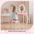 TOLEAD Girls Vanity Set with Lighted Mirror and Stool, Kids Vanity with Storage Space and Bow Pattern for Princess, Toddler Makeup Vanity Desk with Open Shelf and Bracelet Bods, White