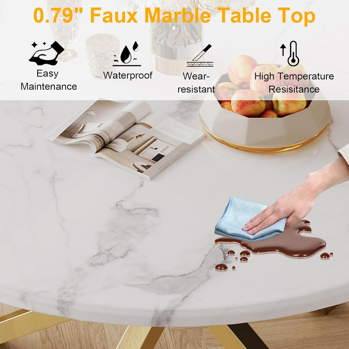 45" Marble Round Dining Table for 4 People, Modern Pedestal Kitchen Table with Mirrored Stainless Steel Cross Base & Faux Marble Top, Luxury Circle Dinner Table for Dining Room, Kitchen, Living Room