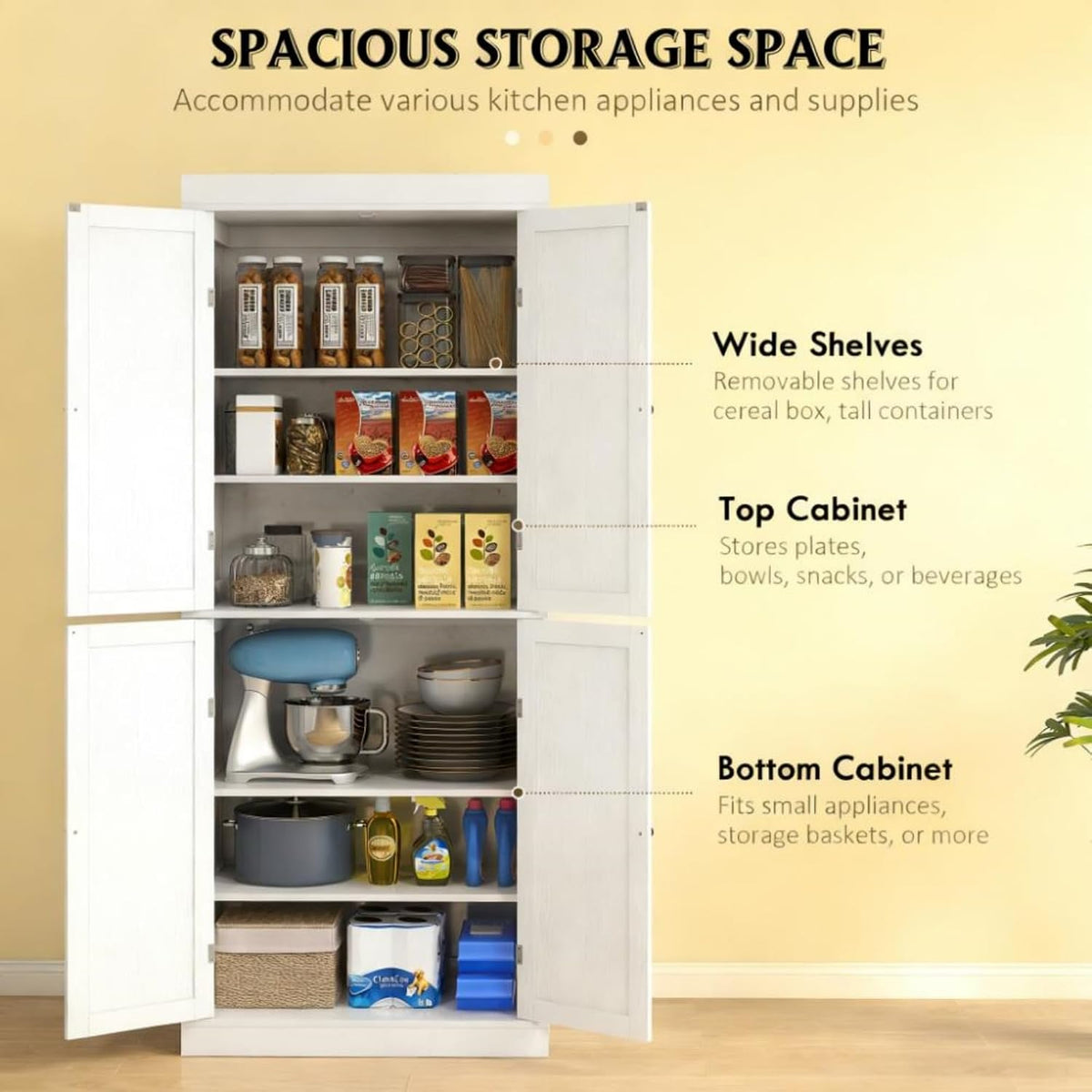 White Modern Style Freestanding Food Pantry Cabinet, Kitchen Floor Storage Cabinet with 4 Doors & 6-Tier Shelves, Dining Room Living Room Bathroom, 30x16x72.5 Inches