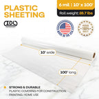 Plastic Sheeting 6 mil, 10' x 100' (1000 sq. ft.) - LDPE Film Roll - Strong Semi-Clear Plastic Rolls Heavy Duty Outdoor - Thick Painting Plastic Covering for Construction by IDL Packaging