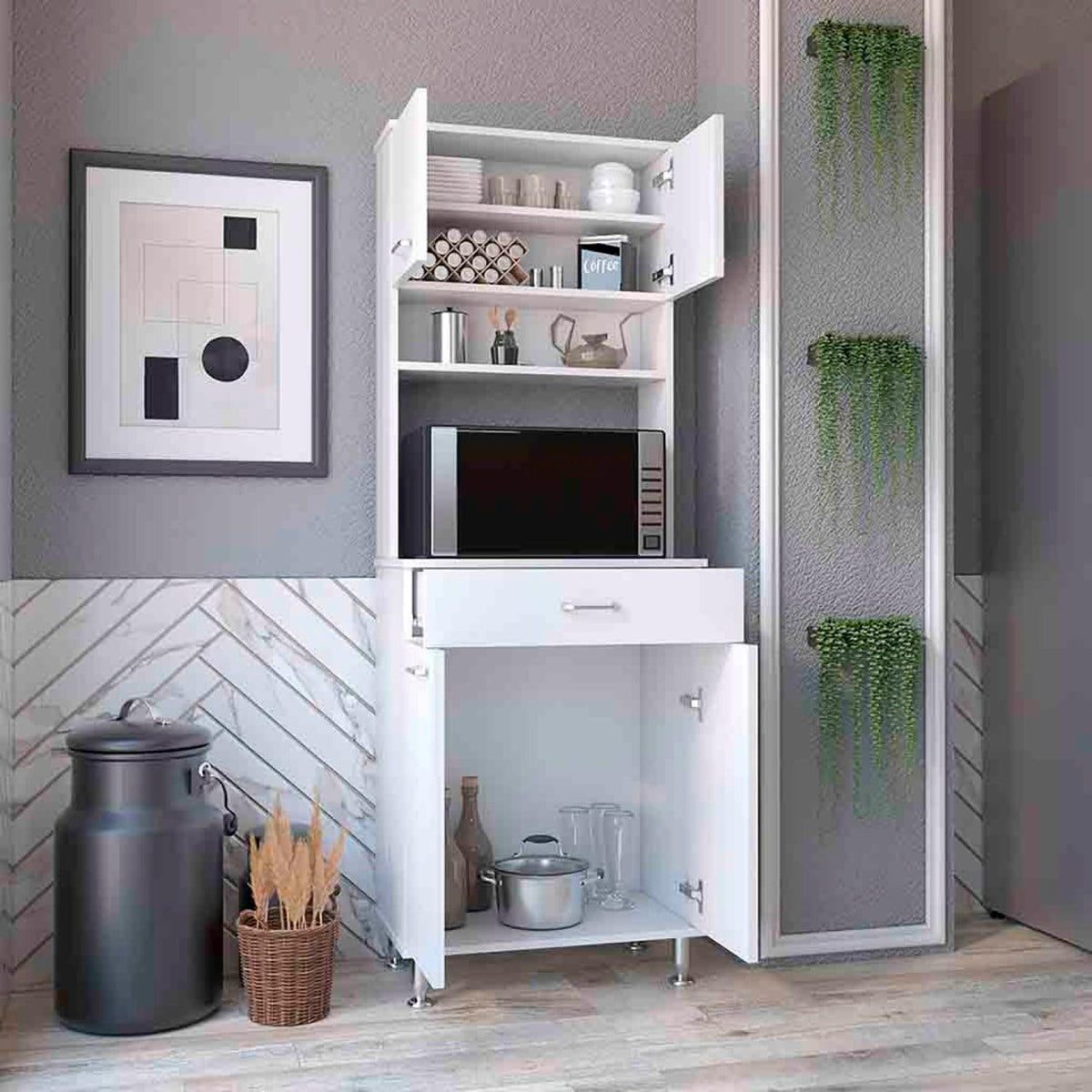 Pantry Cabinet 67" H, Four Doors, One Drawer, Ideal for Kitchens and Dining Rooms, White