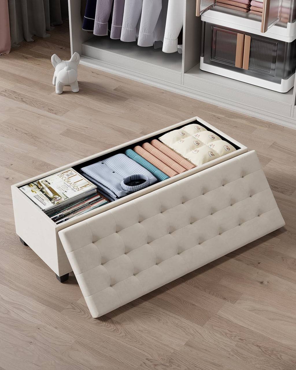 ABHENG Velvet Storage ottoman bench with legs,43.5”W x 15.7”D x 15.7”H,metal frame end of bed bench hold up to 770 LB,Large Storage Chest hold up to 770 LB,White UASND623W
