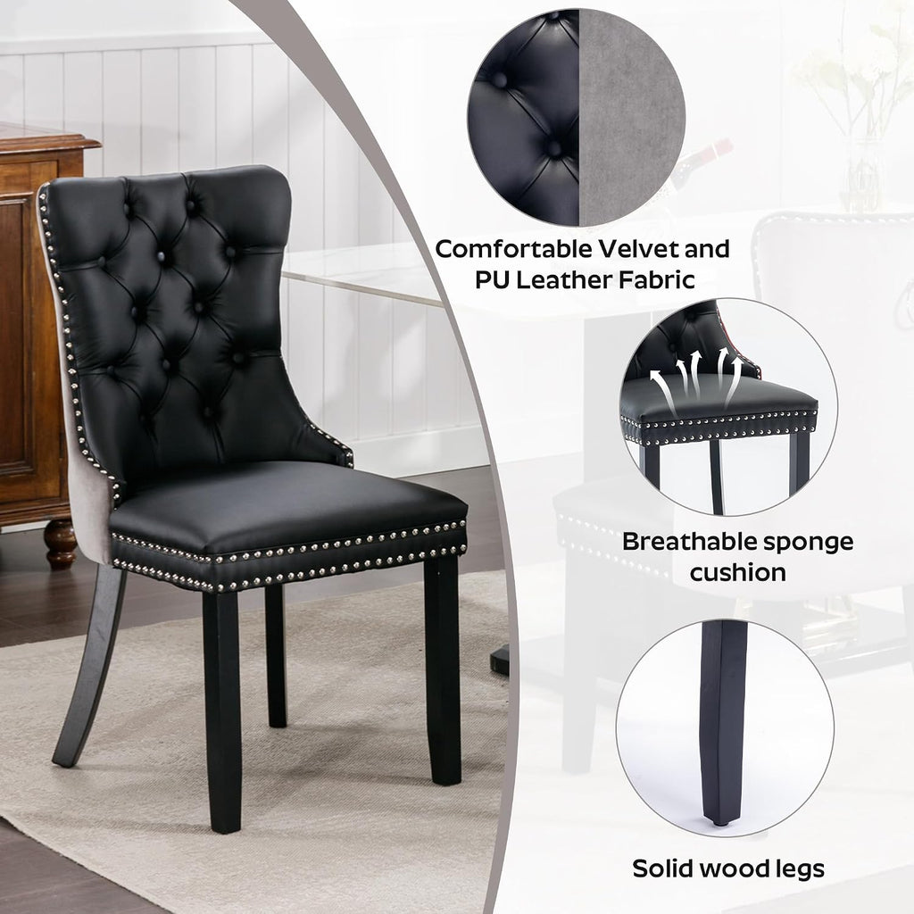 36" Luxury Glass Round Dining Table Set with 4 Velvet& PU Leather Upholstered Dining Chairs, Wooden Legs, Glass Table Top with Black Crossed Metal Legs(Black&Gray)
