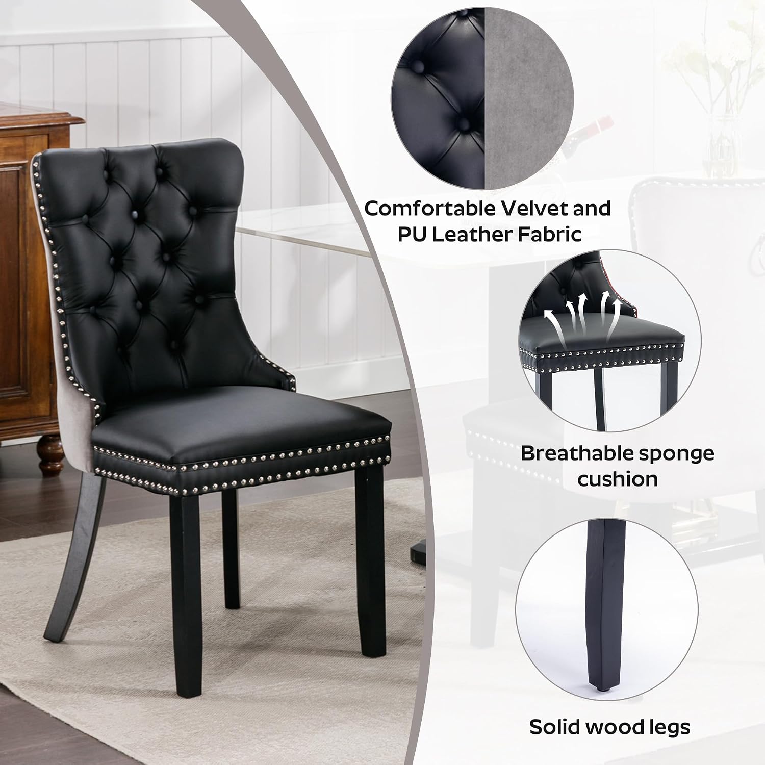 36" Luxury Glass Round Dining Table Set with 4 Velvet& PU Leather Upholstered Dining Chairs, Wooden Legs, Glass Table Top with Black Crossed Metal Legs(Black&Gray)