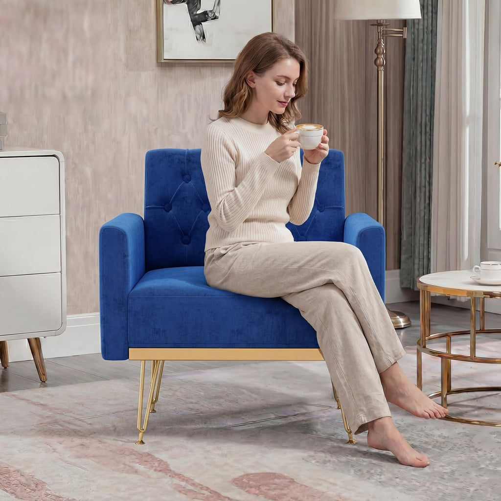 Olela Accent Chair with Arm for Living Room, Velvet Modern Armchair Single Sofa Cozy Tufted Upholstered Reading Side Chairs with Gold Metal Leg for Bedroom Decorate