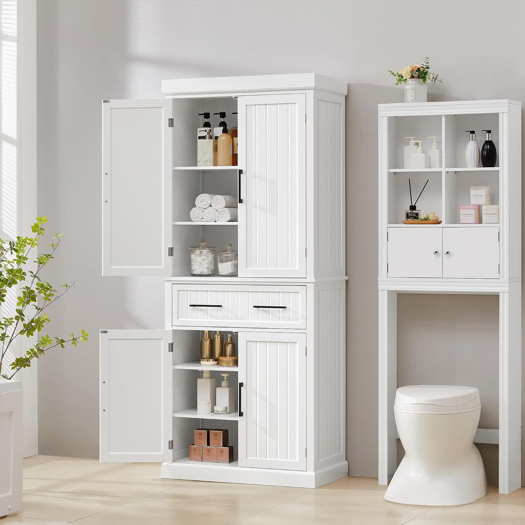 Yaheetech 72.5" H Freestanding 4-Door Kitchen Storage Cabinet,White | Stand‑up Pantry with Adjustable Shelves & Wide Drawer, Engineered Wood Construction, Kitchen/Living Room