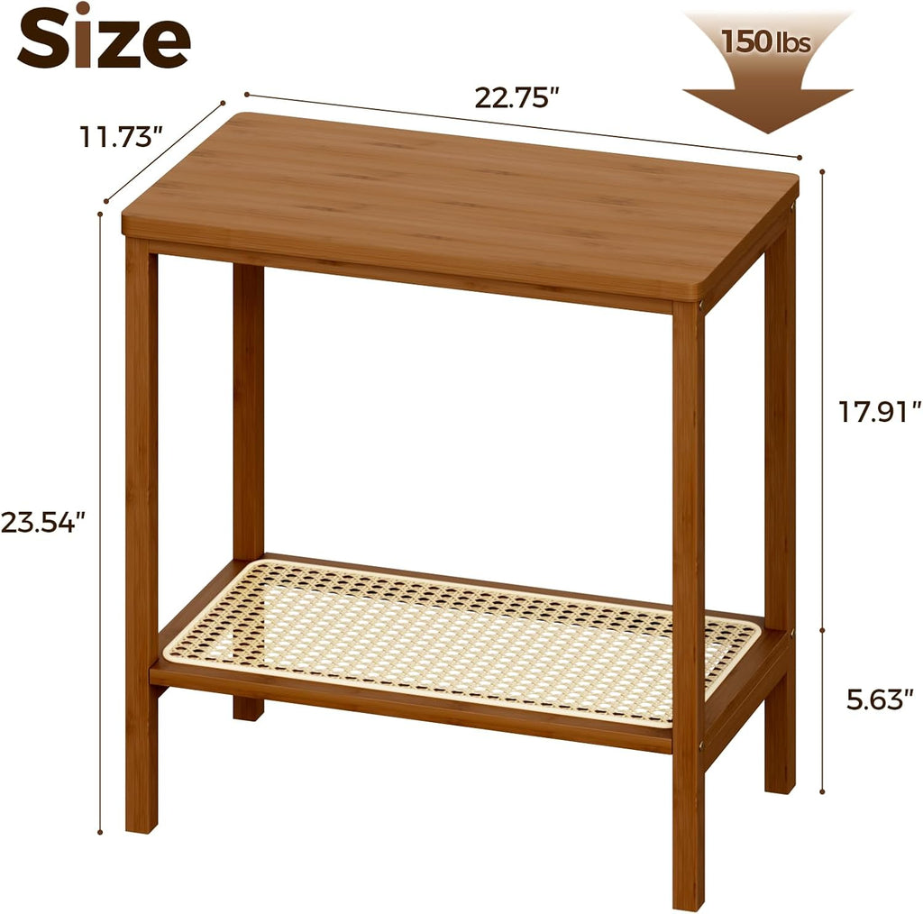 Rattan Side Table Mid Century Modern End Table Living Room 2-Tier End Table with Rattan Storage Shelves for Small Space Night Stand Narrow Coffee Table Boho Bamboo Small Bedside Table