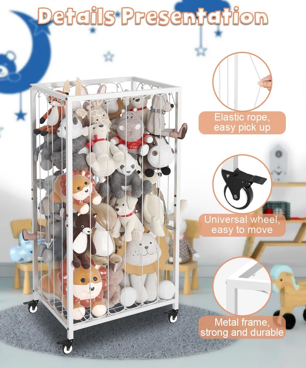 Stuffed Animal Storage Organizer with Wheels, Stuffed Animal Zoo Shelf with Elastic Rope for Nursery, Play Room, Bedroom, Kids Plush Toy Holder for Boys and Girls, White.