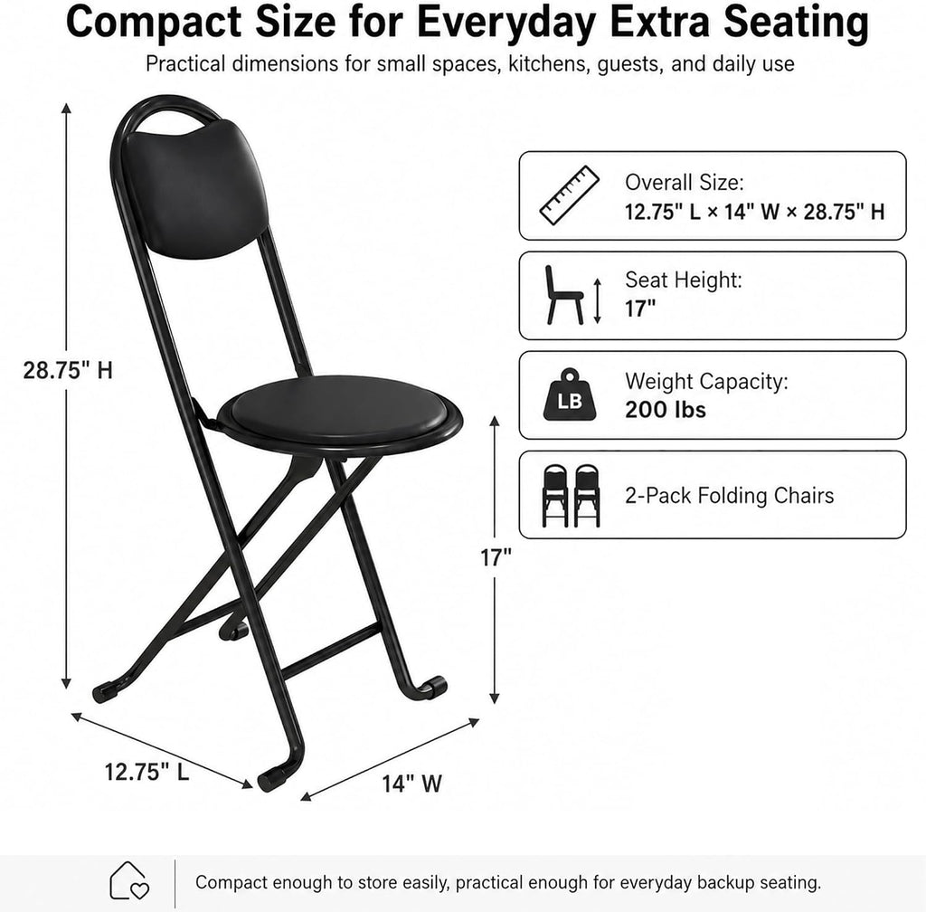 2 Pack Folding Stool with Back, 17 Inch Small Folding Chair, Black Stool with Padded PU Seat, Portable Foldable Stool Chair for Kitchen, Camping, Outdoor, Extra Seating, Black