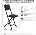 2 Pack Folding Stool with Back, 17 Inch Small Folding Chair, Black Stool with Padded PU Seat, Portable Foldable Stool Chair for Kitchen, Camping, Outdoor, Extra Seating, Black