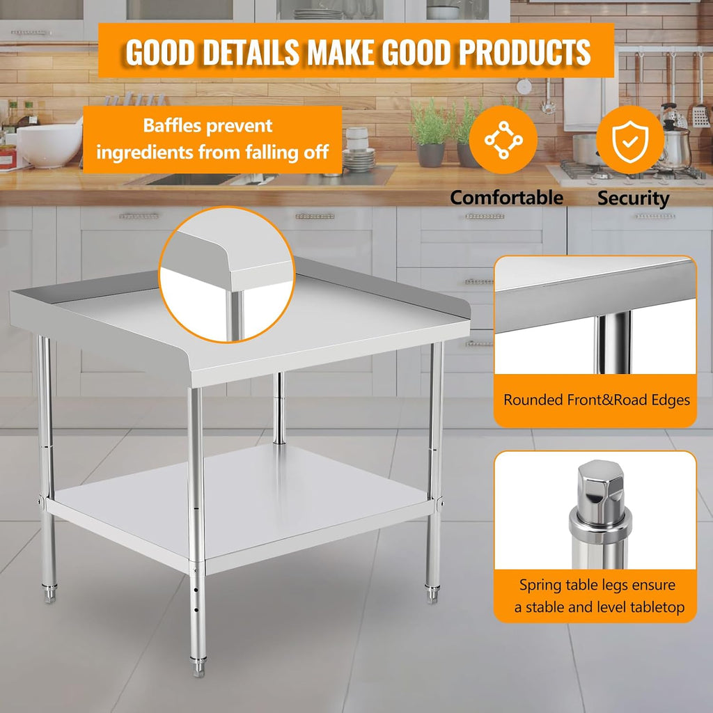 24x24x30 Inch Equipment Grill Stand Table Stainless Steel NSF Certified 400 Lbs Capacity with Adjustable Legs, 2" Edge Baffle for Hotel, Home, Commercial Restaurant Kitchen