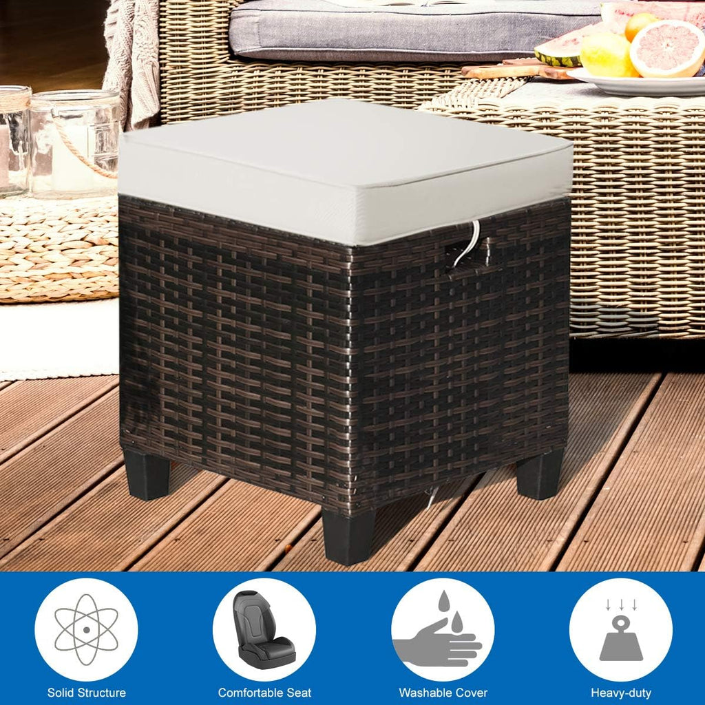ORALNER Set of 2 Outdoor Ottoman, 16" Wicker Footstools, All-Weather Rattan Cube Foot Stool w/Removable Cushions, Square Footrest Extra Seating for Patio, Porch, Deck, Easy Assembly (Light Brown)
