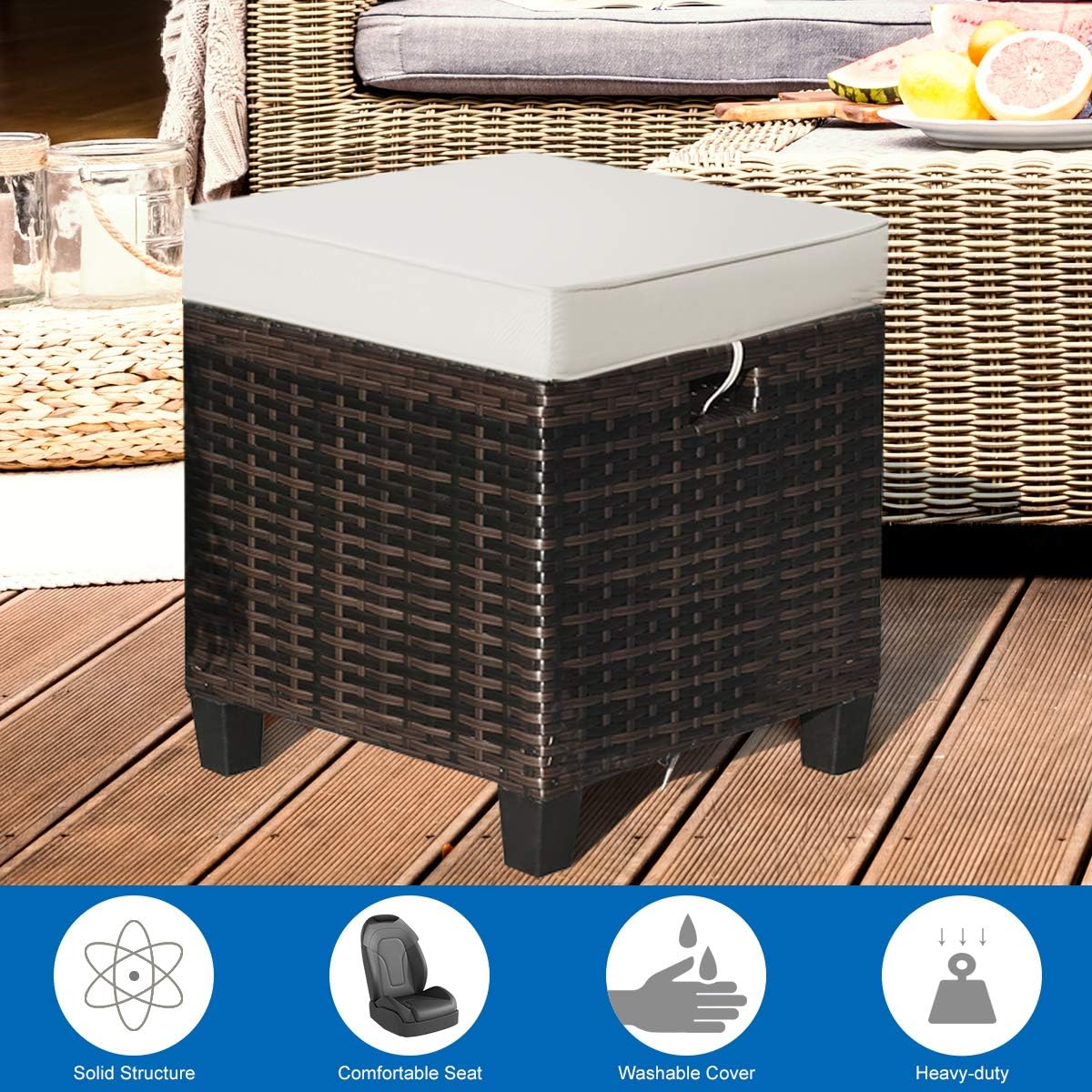 ORALNER Set of 2 Outdoor Ottoman, 16" Wicker Footstools, All-Weather Rattan Cube Foot Stool w/Removable Cushions, Square Footrest Extra Seating for Patio, Porch, Deck, Easy Assembly (Light Brown)