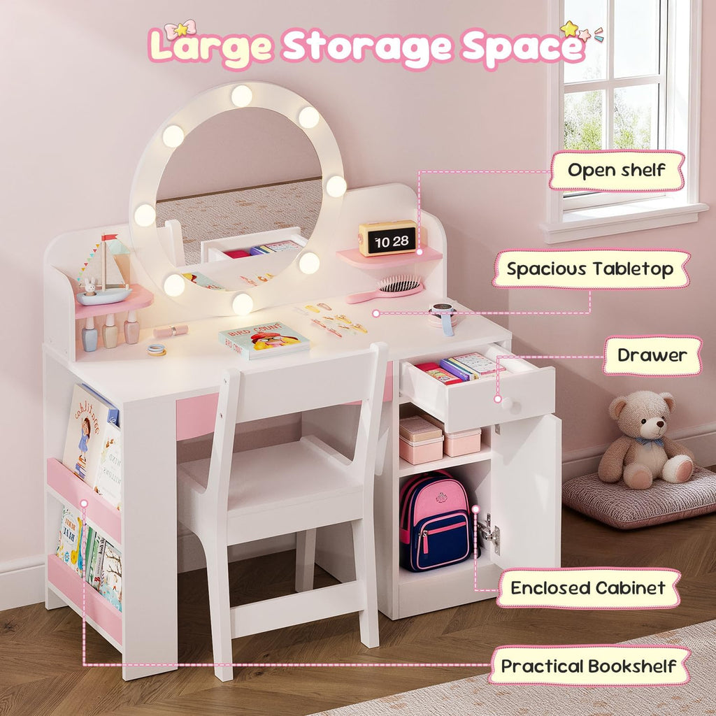 Teckid Kids Vanity Table and Chair Set with Lighted Mirror Storage Drawers Shelves for Little Girls | Open Bookshelf, Shelves, Drawers and Storage Cabinet