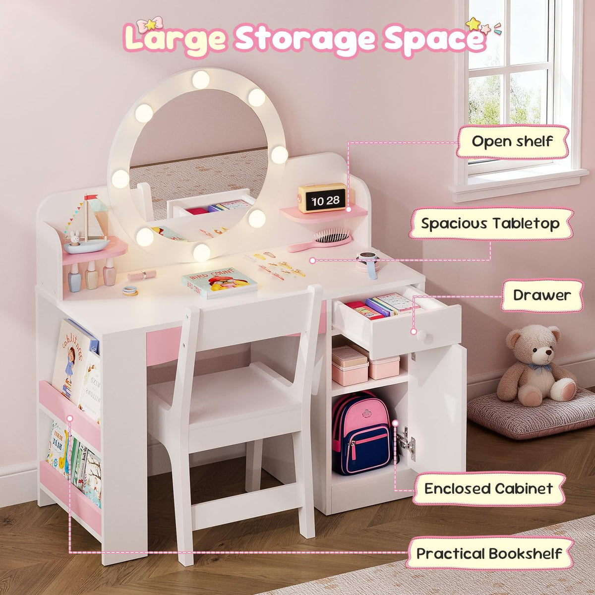 Teckid Kids Vanity Table and Chair Set with Lighted Mirror Storage Drawers Shelves for Little Girls | Open Bookshelf, Shelves, Drawers and Storage Cabinet