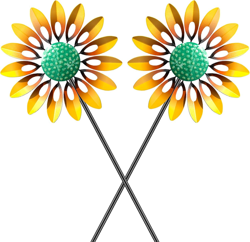 2pcs Sunflower Wind Spinner Outdoor, Freestanding Kinetic Wind Sculpture with Stake, Metal Windmill for Outside Garden Lawn Yard Art Decorations Yellow